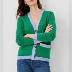 ANN TAYLOR Green Cardigan with Blue Trim